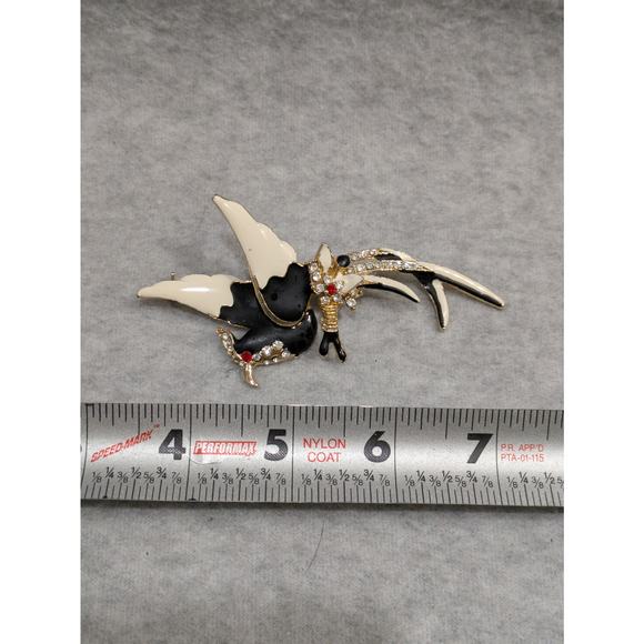 Vintage Bird Brooch Goldtone Enamel and Rhinestone Pin Red Stone Eyes Jewelry - Picture 3 of 5